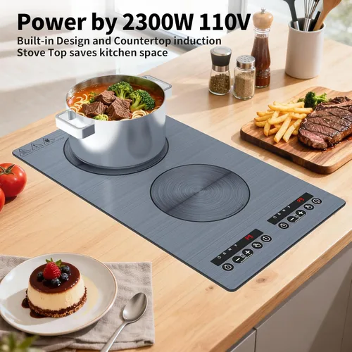 Miniatura 7 de VBGK Placa de cocción de inducción, placa caliente de doble quemador de 110 V 2300 W con control táctil LED, 9 niveles de potencia, bloqueo