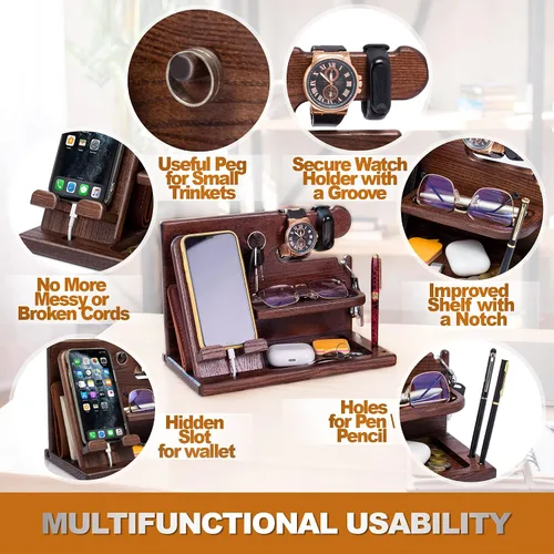 Miniatura 3 de TESLYAR Estación de acoplamiento de teléfono de madera con soporte para llaves de ceniza soporte para cartera organizador de relojes para hombres