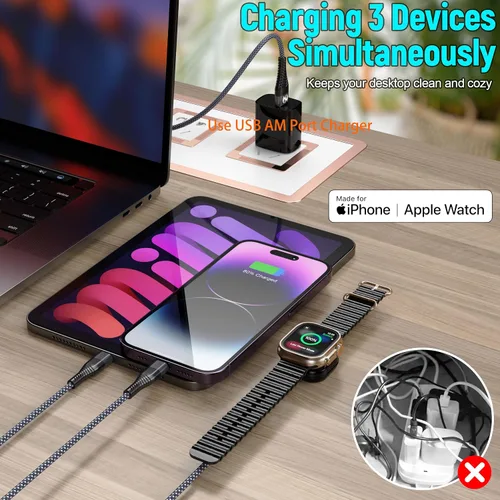 Miniatura 3 de Cable de carga múltiple de 6 pies para Apple Watch, puerto USB AM trenzado de nailon a Lightning tipo C, cable USB C para iWatch, cargador