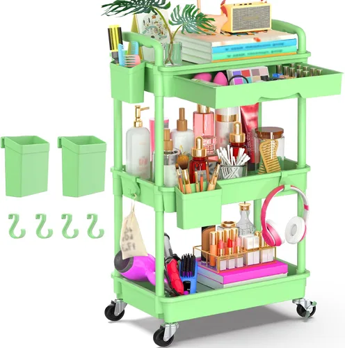 Miniatura 15 de Goovilla Organizador de carrito utilitario de 3 niveles con cajón extraíble, carritos de almacenamiento rodantes negros estables y resistentes con 2