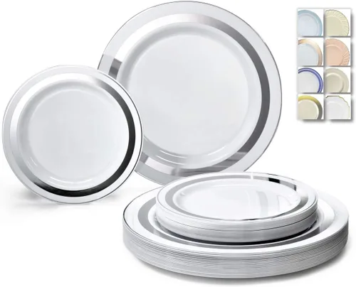 Miniatura 10 de OccasionS Paquete de 120 platos, (60 invitados), juego de platos de plástico desechables de alta calidad para bodas, 60 x 10.5 pulgadas, cena + 60