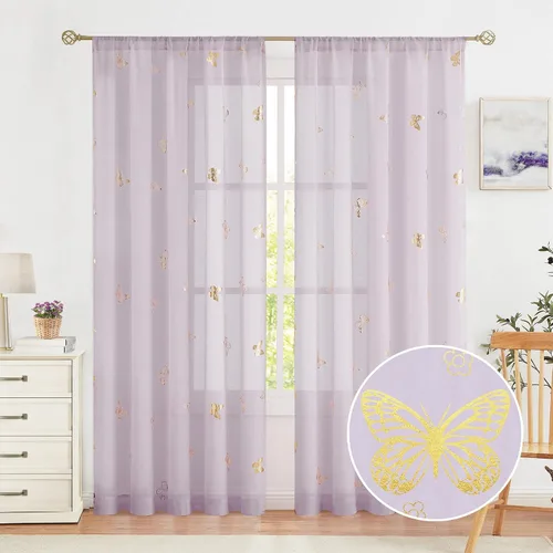 Miniatura 29 de Jubilantex Paneles de cortinas transparentes de mariposas negras y doradas de 52 pulgadas de ancho para dormitorio de niñas, elegantes cortinas