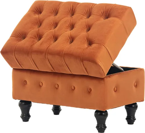 Miniatura 5 de Mesa de Centro Otomana de Almacenamiento Rectangular, Reposapiés Otomana de Dormitorio con Tapicería de Terciopelo Abotonado Capitoné para Sala