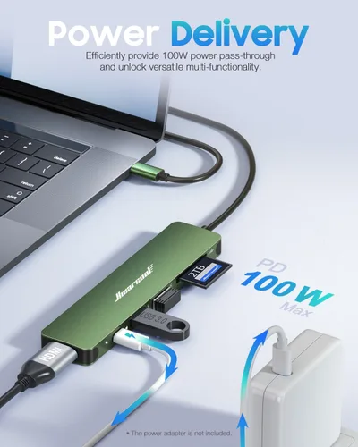 Miniatura 3 de Hiearcool - Adaptador HUB con USB C y 7 puertos en 1 de USB C a HDMI compatible para laptops Thunderbolt 3 y 4, MacBook Pro, Air, Dell, Lenovo, HP