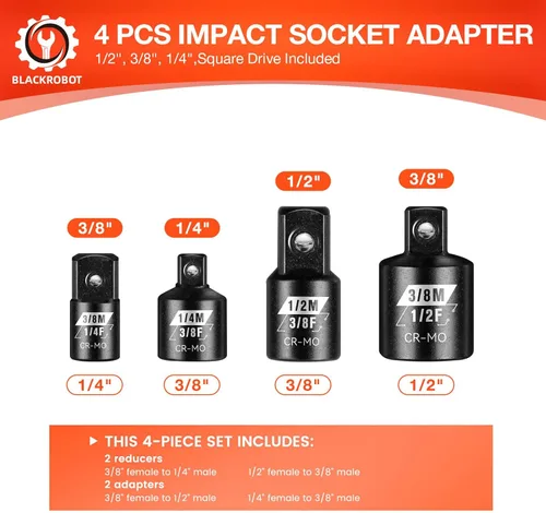 Miniatura 2 de BLACKROBOT Juego de 4 adaptadores de enchufe de impacto, 1/4" 3/8" 1/2" juego de adaptadores de enchufe de accionamiento SAE, juego de conversión