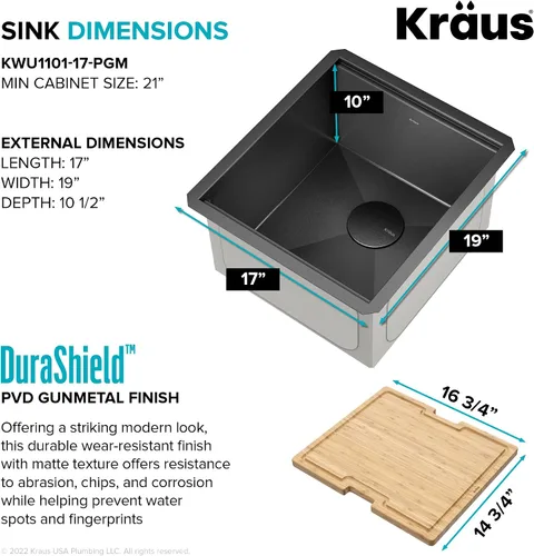 Miniatura 5 de KRAUS Kore KWU1101-17-PGM - Fregadero de cocina con estación de trabajo de 17 pulgadas con cuenco individual en PVD, de acero inoxidable de calibre