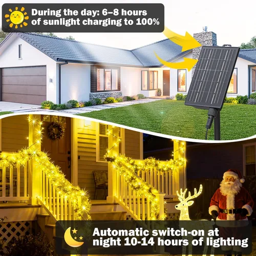 Miniatura 2 de SOLARBABY Luces solares de Navidad al aire libre, cadena de luces de 142 pies con 400 LED de blanco cálido para exteriores con control remoto, 19
