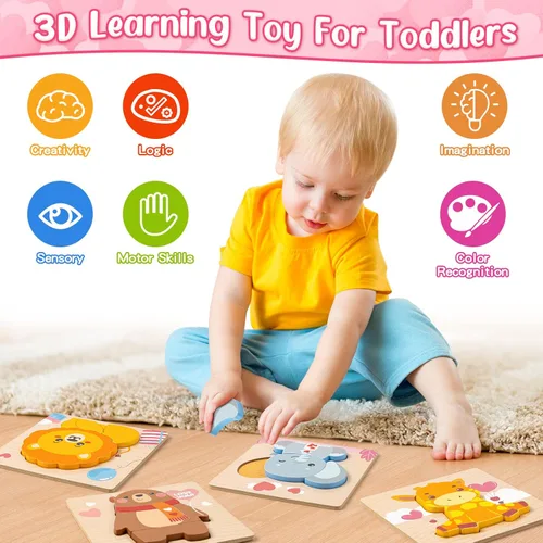 Miniatura 5 de Rompecabezas de madera para niños pequeños de 1 a 3 años, paquete de 4 rompecabezas de madera con diseño de animales, regalo de cumpleaños