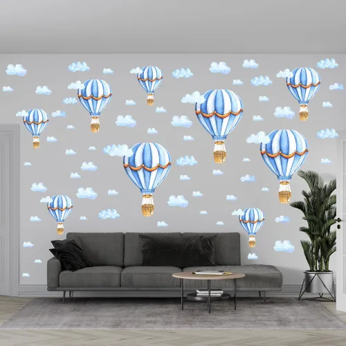 Miniatura 3 de Calcomanías de pared extraíbles para globos de aire caliente grandes, calcomanías de vinilo de nubes azules, autoadhesivos, murales artísticos