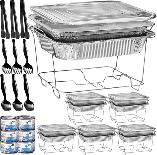 Miniatura 8 de Juego de Bandejas Calentadoras Desechables para Bufé, Calentadores de Alimentos para Fiestas, Conjunto Completo de 39 Piezas de Bandejas