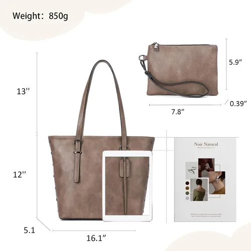 Miniatura 2 de KL928 Bolso de mano para mujer, bolso de mano de piel sintética, bolso de hombro grande, asa superior, monederos, juego de 2 piezas
