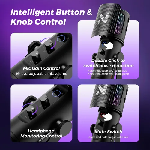 Miniatura 5 de NearStream Micrófono RGB para juegos para PC con cancelación de ruido/monitor/silencio/ganancia/filtro pop extraíble, micrófono de condensador USB