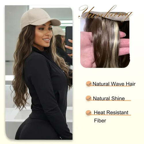 Miniatura 5 de Gorra de béisbol con peluca de cabello largo ondulado natural, con gorra, resistente al calor, mezcla sintética marrón rubio, fibras ajustables