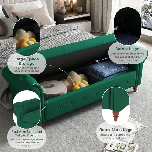 Miniatura 14 de NIOIIKIT Banco Otomano de Almacenamiento de 160 cm, Banco de Entrada con Botones Acolchados, Banco Largo de Brazos Enrollados para Dormitorio, Sala