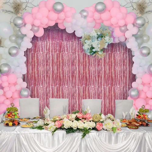 Miniatura 3 de Accevo Paquete de 3 cortinas de flecos de papel de aluminio con purpurina de 3.2 x 8.2 pies, decoración de fiesta rosa, serpentinas de oropel Rosado