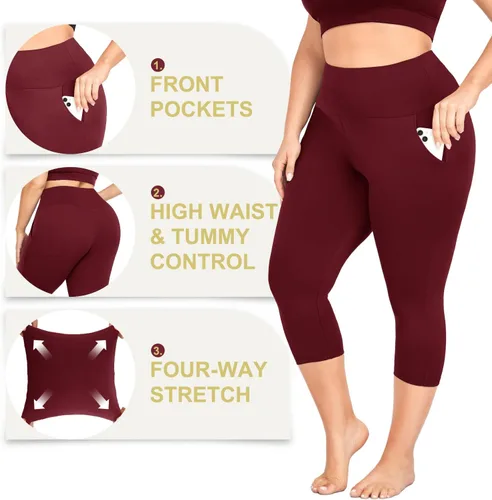 Miniatura 5 de MOREFEEL Leggings capri de talla grande para mujer con bolsillos, elásticos XL-4XL, control de abdomen, cintura alta, pantalones de yoga negros