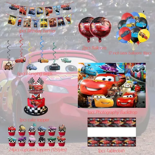 Miniatura 2 de 52 piezas de suministros para fiesta de cumpleaños de autos, juego de decoración de fiesta incluye cartel, telón de fondo, globos, remolinos