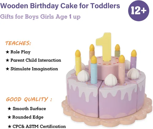 Miniatura 2 de Comida de juego de simulación para niños pequeños de 2 a 5 años, pastel falso de cumpleaños de madera con velas y números, fiesta de té, juguetes