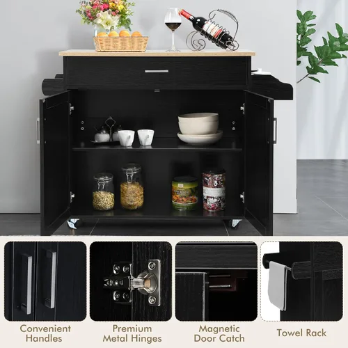 Miniatura 6 de COSTWAY Isla de cocina sobre ruedas, carrito de almacenamiento rodante con gabinete grande, cajón, estante de especias y toallero, utilidad