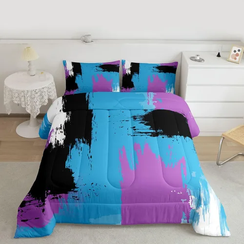 Miniatura 2 de Feelyou Edredón Abstracto Juego de edredón de arte abstracto moderno para niños y niñas, color morado, azul, negro, juego de ropa de cama para Multi