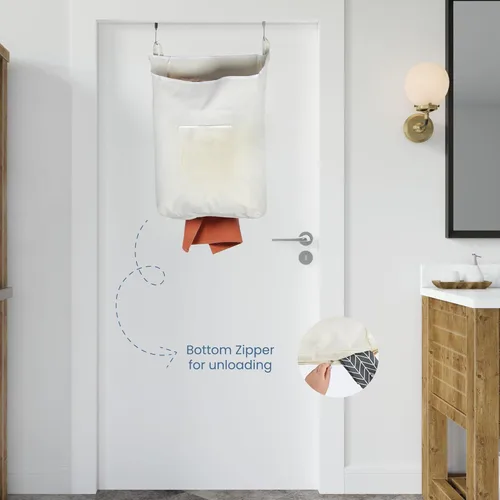 Miniatura 5 de The Fine Living Co. - Cesto colgante para ropa sucia con ganchos para la puerta y adhesivo, bolsa de lavandería duradera que ahorra espacio