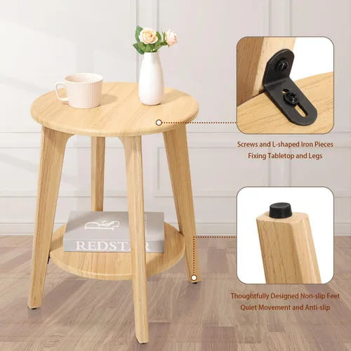 Miniatura 6 de Mesa auxiliar redonda pequeña con 2 estantes de almacenamiento, mesas auxiliares de nogal, mesa auxiliar para sofá, mesita de noche moderna