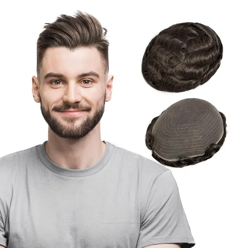 Miniatura 11 de Amiable Toupee para hombres, cabello humano, encaje francés, sistemas de reemplazo de cabello para hombre, suave blanqueado, frontal, aspecto #1