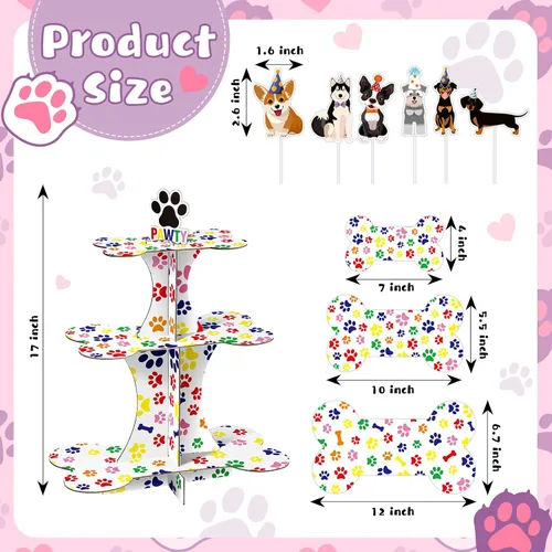 Miniatura 2 de Bokon Soporte de 3 niveles para cupcakes de perro y 24 piezas de decoración para cupcakes para perros, suministros de fiesta de cumpleaños