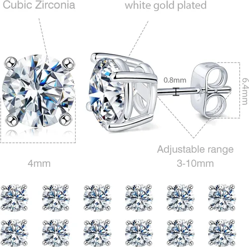 Miniatura 14 de Aretes de tuerca chapados en oro blanco de 18 quilates de 3 a 0.315 in con circonita cúbica redonda, paquete de 6 pares