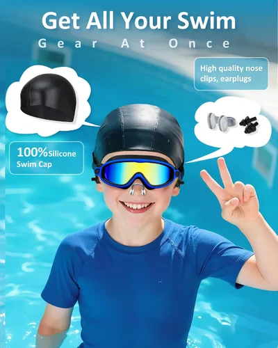 Miniatura 5 de Gafas de natación para niños, antivaho, protección UV y amplia vista & gorro de natación para niños de 3 a 15 años, niños y niñas, bebés Azul & negro