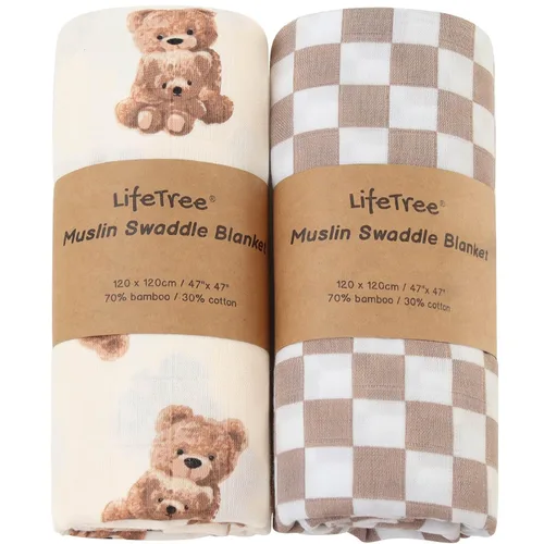 LifeTree Mantas de muselina para envolver al bebé, manta envolvente unisex para guardería, suave 70% viscosa de bambú y 30% algodón, tamaño grande