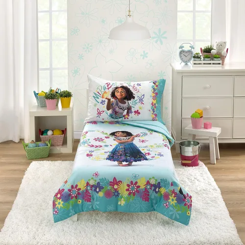 Disney Encanto Tropical Delight - Juego de ropa de cama infantil de 4 piezas con flores y mariposas rosas y aguamarina, edredón, sábana bajera