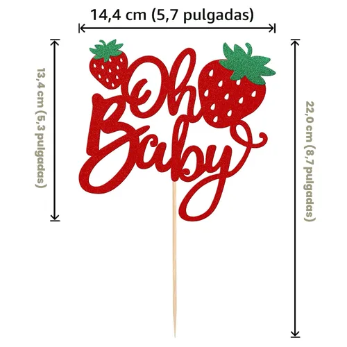 Miniatura 2 de 1 pieza de decoración para pastel de fresa Oh Baby con purpurina para baby shower, palillo para pastel de fresa, tema de frutas, decoración