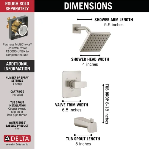 Miniatura 3 de Delta Faucet Kit de Molduras Moderno de Níquel Cepillado para Bañera y Ducha, Grifo de Ducha con Cabezal de Ducha Touch-Clean de Un Solo Rociador
