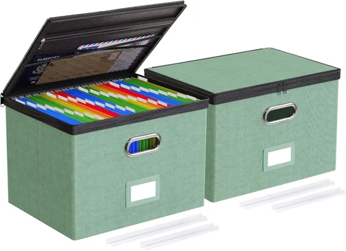 Miniatura 18 de Oterri Paquete de 2 cajas organizadoras de archivos con tapas, caja de archivos con bolsillos de malla, caja organizadora de documentos para Verde