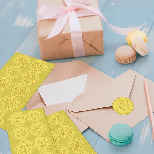 Miniatura 6 de Zonon 100 calcomanías de sellado de cera dorada de 2 patrones, sellos de sobres dorados, sellos redondos en relieve con patrón de flores