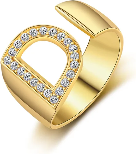 Honsny Anillo de oro de moda con letra inicial para mujer, anillos dorados gruesos y ajustables con circonita cúbica, alfabeto mayúscula, nudillo,