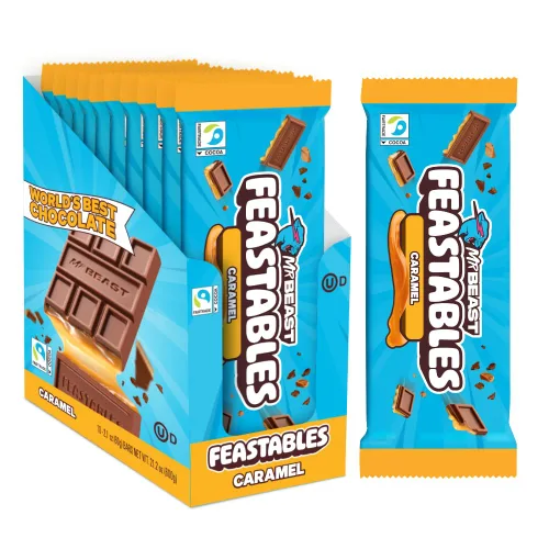 MrBeast Feastables - Barra de chocolate con caramelo, tamaño King, 10 unidades, caramelo de chocolate suave relleno de caramelo, cacao de comercio