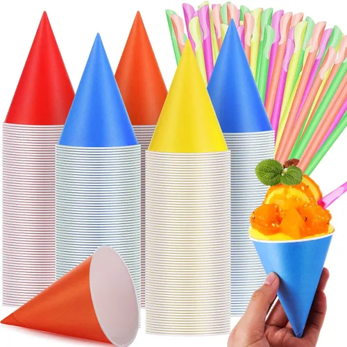 Miniatura 8 de Eaasty 200 tazas de cono de nieve y pajitas, cucharas de 4.5 onzas, popotes de papel desechables, cuchara de paja para aguanieve, helado afeitado
