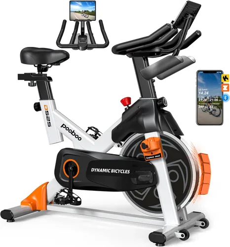 pooboo Bicicleta de Ejercicio, Resistencia Magnética/de Pastilla de Freno Ajustable con Transmisión Silenciosa por Correa, Bicicleta de Ciclismo Pro