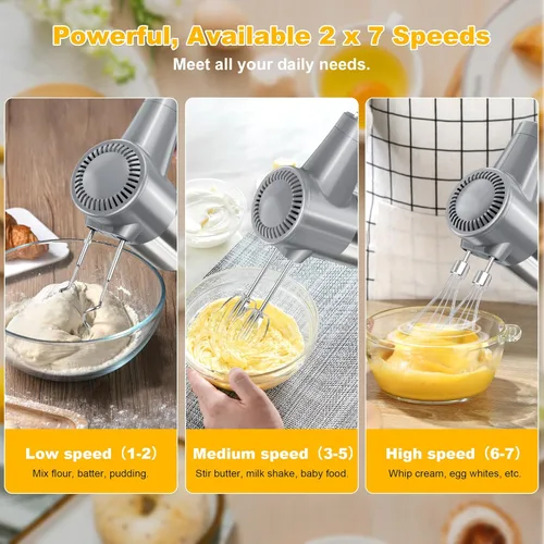Miniatura 3 de Batidora de mano inalámbrica, mezcladora eléctrica de mano con pantalla digital de 7 velocidades recargable con 6 accesorios de acero inoxidable