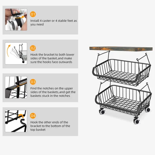 Miniatura 4 de Cestas apilables de almacenamiento de cocina con mesa de metal para frutas, verduras, estante organizador, carrito rodante para cocina, despensa