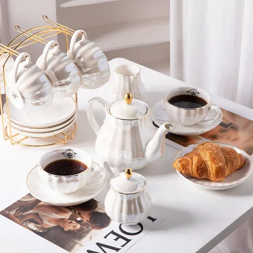 Miniatura 2 de Sweejar Juegos de té de porcelana de la serie British Royal, tazas y platillo de 8 onzas para 6, con tetera, azucarero, jarra de crema, cucharaditas