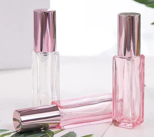Miniatura 5 de Botellas de perfume de vidrio de 0.7 onzas líquidas, botellas vacías de perfume en aerosol rosa con tapa de oro rosa, recargable, portátil