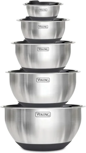Miniatura 9 de Viking Juego de cuencos para mezclar, 10 piezas de acero inoxidable para cocina, base de silicona antideslizante, incluye tapas de ajuste apretado