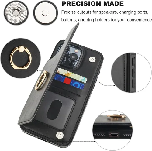 Miniatura 8 de ONETOP Funda tipo cartera para iPhone 15 Pro Max con soporte para tarjetas, anillo de rotación de 360°, función atril, bloqueo RFID, piel sintética