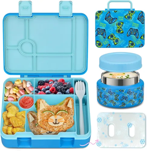 Miniatura 13 de Fiambrera Bento para niños con paquete de hielo, caja Bento a prueba de fugas de 5 compartimentos con utensilios, capacidad de 5.5 tazas