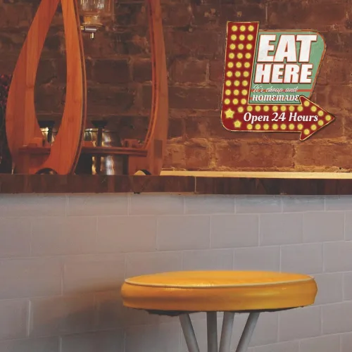 Miniatura 5 de SUPERDANT Letreros de metal con texto en inglés «Eat Here» «Eat Here», letrero de metal abierto las 24 horas, letrero de flecha de comida que apunta
