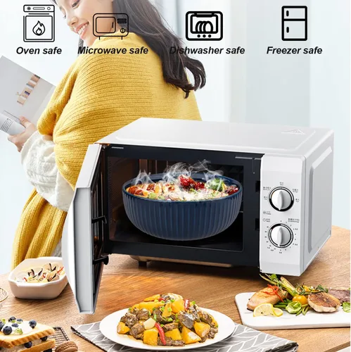 Miniatura 5 de Ensaladera extra grande, cuenco de frutas de cerámica de 94.7 fl oz, elegante cuenco de sopa redondo de rayas verticales azul marino, cuenco