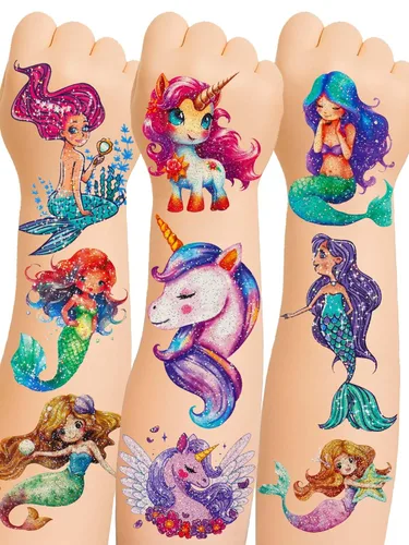 Más de 150 tatuajes temporales con purpurina para niñas – Adhesivos impermeables envueltos individualmente – Sirena, unicornio, hada, mariposa y más